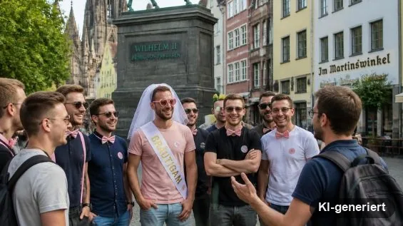Groep staat voor een ruiterstandbeeld in de oude binnenstad van Keulen (met AI gemaakt)