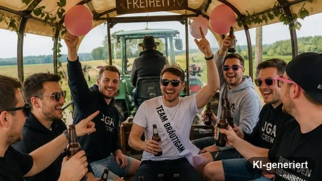 A group toasting with beer bottles in the covered party wagon (AI-generated)