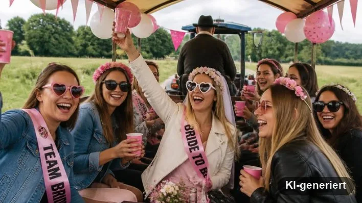 A group celebrating with bunting and balloons in the party wagon (AI-generated)